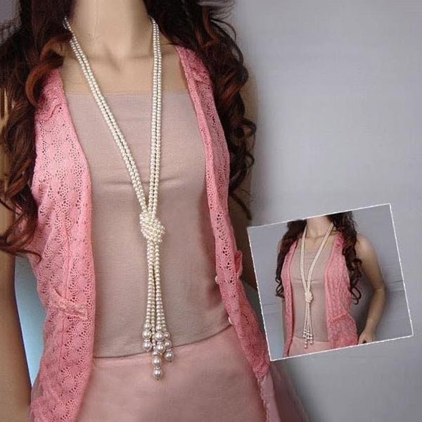 125cm Double Knot Pearl Long Necklace - Fashion Proline